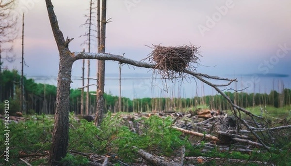 Obraz 벌목된 숲 근처에 남아 있는 나뭇가지 위 작은 새둥지