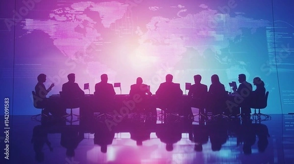 Obraz Representatives from various countries engaging in a roundtable discussion about global markets, prominent charts and graphs displayed. A world map in a background, collaboration and global unity