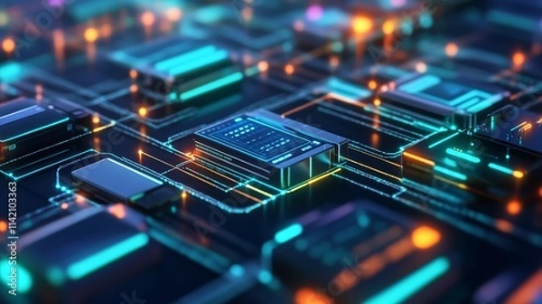 Obraz A vibrant close-up of a circuit board showcasing intricate patterns, glowing components, and modern technology.