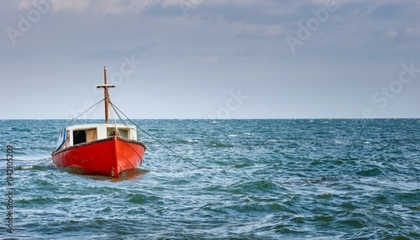 Fototapeta 물속에 반쯤 가라앉은 작은 배, 파도 위로 흔들리는 반파된 배의 일부