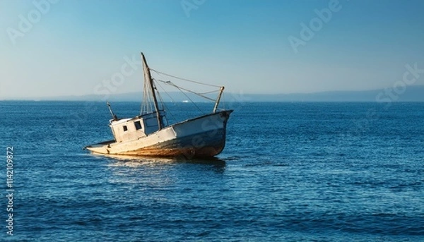 Fototapeta Generated 물속에 반쯤 가라앉은 작은 배, 파도 위로 흔들리는 반파된 배의 일부mage