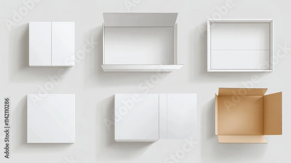 Fototapeta White closed and open cardboard box mockup top angle view. Realistic vector illustration set of blank carton package for delivery or gift concept. Rectangular low paper pack with cover mock up.