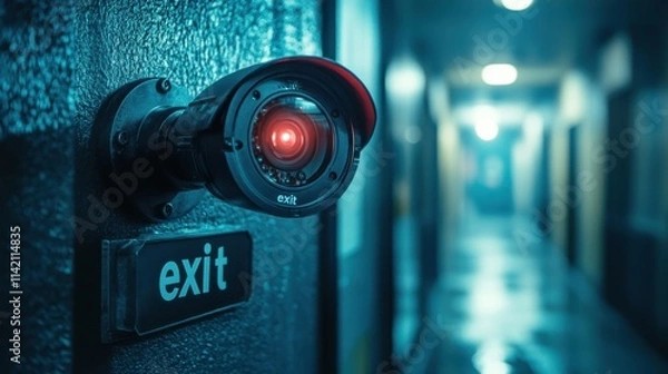 Fototapeta Red glowing CCTV camera mounted on industrial wall in blue hallway, secure building surveillance, safety system, technology device, futuristic monitoring equipment, urban security.