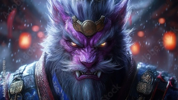 Fototapeta Ferocious purple-furred beast with glowing eyes, wearing ornate armor, set against a dark, lantern-lit background.