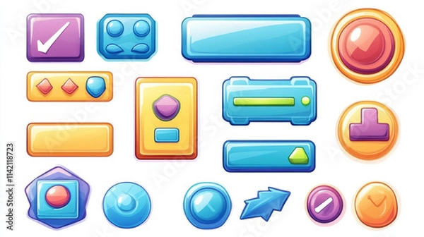 Fototapeta Glossy blue buttons and frames for ui game interface. Vector cartoon set of gui elements, square, star and heart icons, arrows, bars, menu buttons and login frame isolated on white background