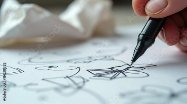 Fototapeta Close-up of a Pen Tip Writing on Paper – Brainstorming Ideas with Scribbled Notes and Crumpled Papers