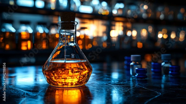 Fototapeta Amber liquid in Erlenmeyer flask on lab bench.