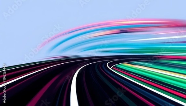 Fototapeta A dynamic and abstract image of a curved road with vibrant light trails, evoking a sense of speed and movement. Perfect for motion, technology, and automotive-related projects.