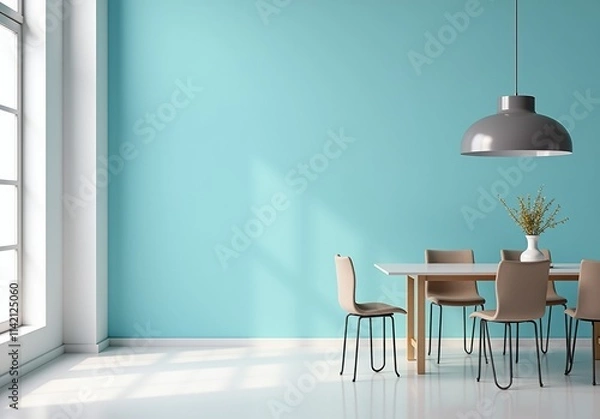 Fototapeta Modern interior design of apartment, empty living room with blank blue wall, dining room with table and chairs, interior background