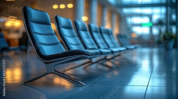 Fototapeta a waiting room with a row of empty black stainless steel seats background of black seats in a waiting roo