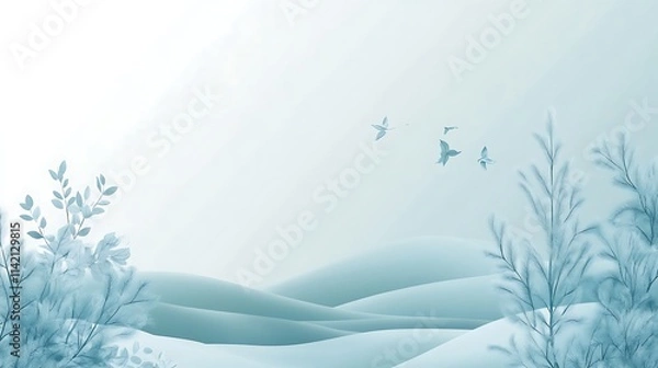 Obraz Serene Blue Landscape With Birds And Plants