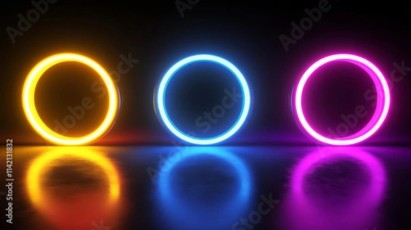 Fototapeta Set of futuristic neon portals on transparent background. Realistic vector illustration of round square holographic gate glowing in yellow, red, purple, blue. Virtual reality, cyber space podiums