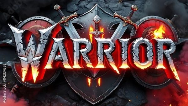 Fototapeta Fiery warrior text with swords and shields on dark background.