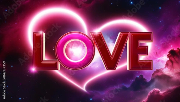 Fototapeta Glowing neon heart-shaped LOVE text on cosmic background.