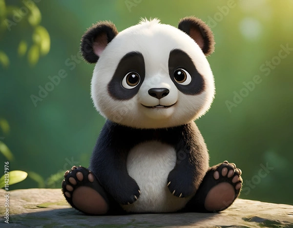 Obraz closeup shot of beautiful 3d panda cartoon character blurry background in the forest nature concept wildlife  