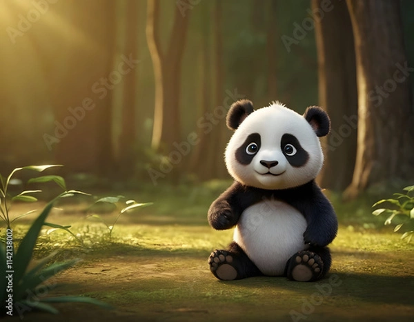 Obraz closeup shot of beautiful 3d panda cartoon character blurry background in the forest nature concept wildlife  