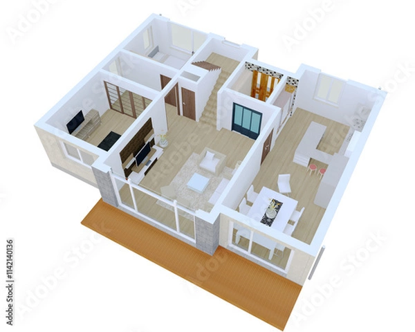 Fototapeta house plan blueprint, 3d iso rendering illustration of a modern single house plan layout