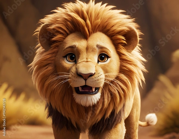 Obraz portrait of a cute hairy lion in the forest cartoon style 3d illustration