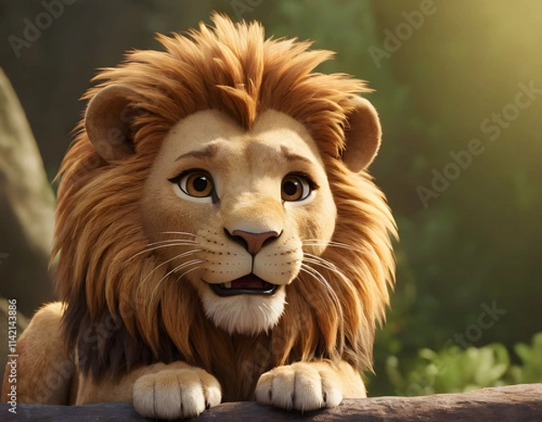Obraz portrait of a cute hairy lion in the forest cartoon style 3d illustration