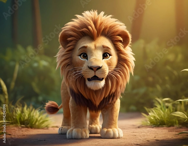 Obraz portrait of a cute hairy lion in the forest cartoon style 3d illustration