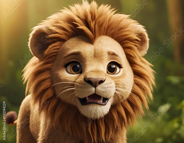 Obraz portrait of a cute hairy lion in the forest cartoon style 3d illustration