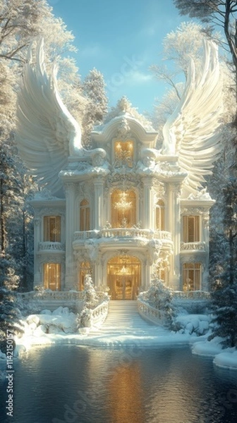 Fototapeta Fantasy palace surrounded by glowing golden light and surreal clouds