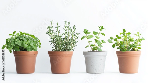 Fototapeta Different types of herbs in pots on white background 