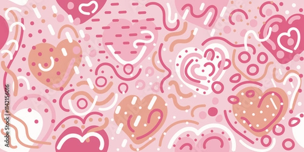 Fototapeta Colorful seamless doodle pattern: white, orange, pink hearts, dots, lines. Hand drawn vector illustration for cards, banners, wallpaper, textile, wrapping. Happy Valentines Day