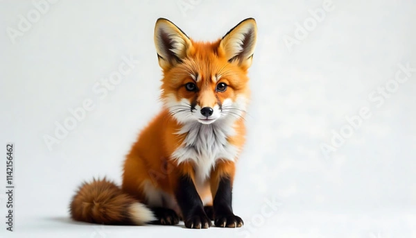 Fototapeta A young red fox with large ears and a fluffy tail sitting on a white background, Adorable fox cub with big eyes and fluffy tail, red fox cub, created with generative ai