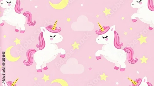 Fototapeta Cute Unicorn Moon Seamless Pattern for Kids Fabric, Wrapping Paper, Wallpaper - Pink Childish Texture