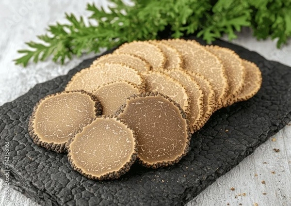 Fototapeta Black truffles and slices with white wine on black stone background , isolated on white background,  , copy space, copy space for text,