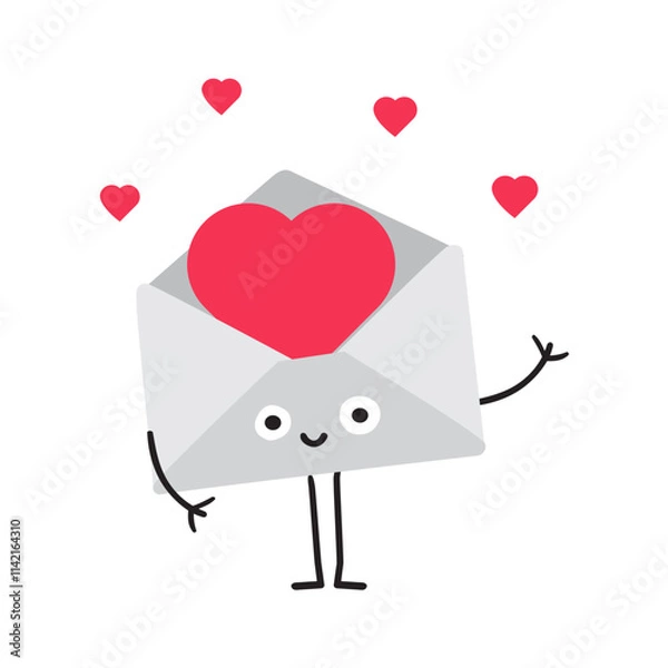 Fototapeta The little envelope waves and sends hearts. Valentine's card. Hand drawn illustration on white background.