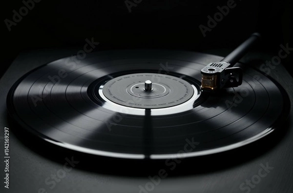 Obraz Vintage turntable spins black vinyl record in a dark room creating a classic music atmosphere