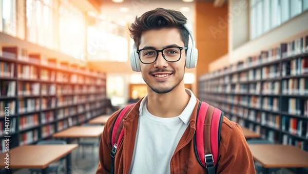 Fototapeta Smiling Young Student Listening to Music in Library