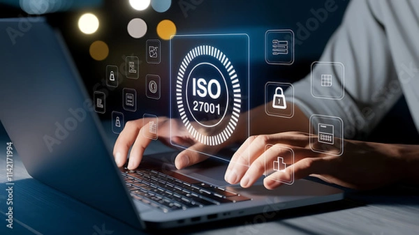 Fototapeta ISO 27001, ISO certification, ISO 27001 certified business, Information security management system. International Organization for Standardization. businessman doing ISO verification on a laptop