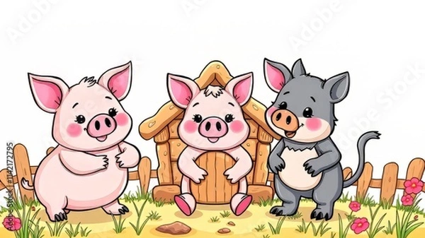 Fototapeta Three Little Pigs Coloring Page - Cute Cartoon Illustration - Fairy Tale Children's Book Art - Funny Pigs