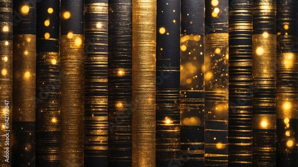 Fototapeta A stunning abstract pattern of shimmering golden and black vertical stripes illuminated by sparkles of light.