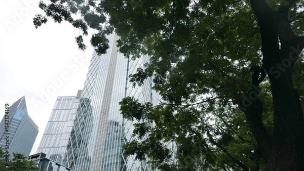 Obraz A skyscraper that stands majestically and faces shady trees in one of Asia's office areas