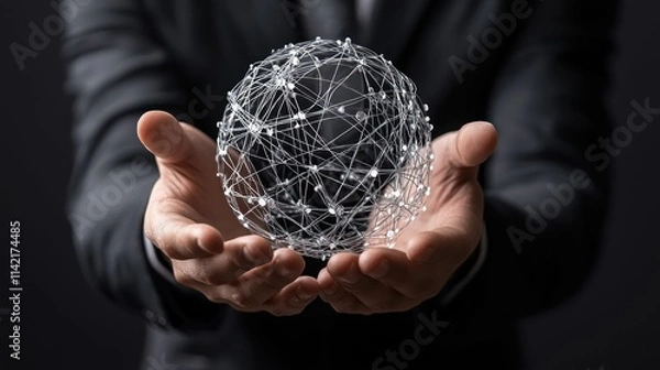 Fototapeta A person in a suit holds a transparent globe made of interconnected lines and nodes, symbolizing connectivity and global technology.