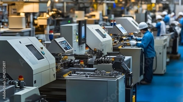 Fototapeta A modern manufacturing facility with machinery and workers engaged in production processes.