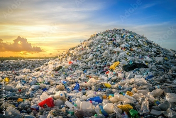 Fototapeta A large pile of plastic waste exists in the center of a field
