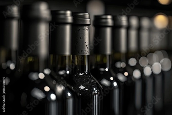 Fototapeta A perfectly arranged row of wine bottles elegantly lined up on a shelf