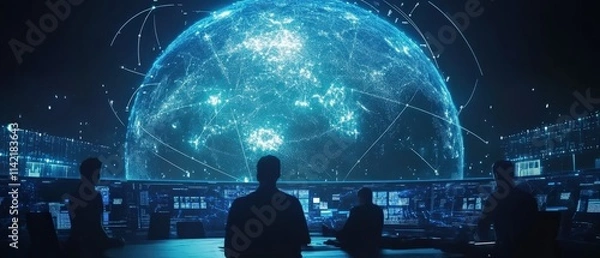 Fototapeta Global cyber operations overview command center digital mapping high-tech environment perspective on connectivity