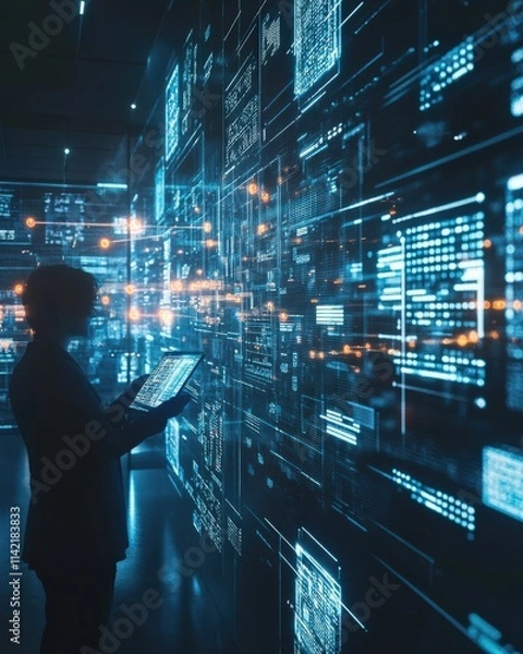 Fototapeta Data visualization action modern office digital content high-tech environment user perspective innovation concept