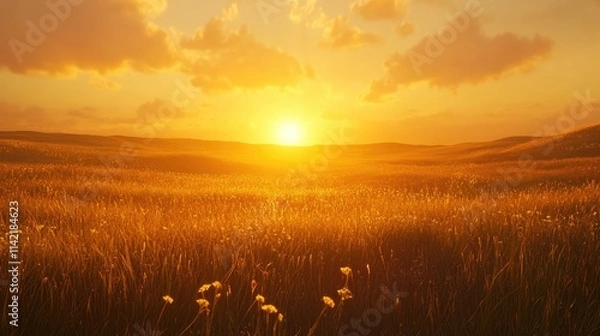 Fototapeta Golden Sunrise Over Rolling Fields with Gentle Clouds in Sky