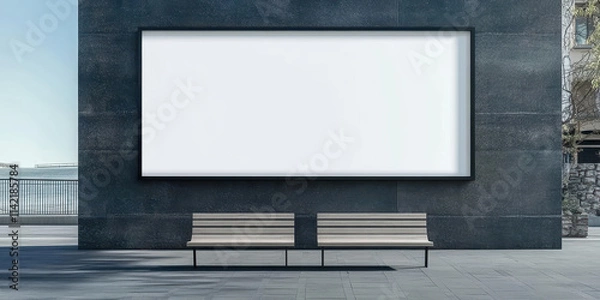 Obraz Blank billboard mockup on building with benches in city environment