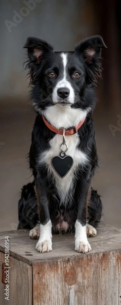 Fototapeta A black and white dog with a heart-shaped tag sits proudly on a wooden platform, showcasing its attentive expression and playful demeanor.