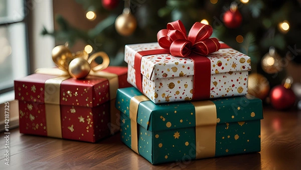 Fototapeta Christmas gift boxes neatly arranged in a festive setting