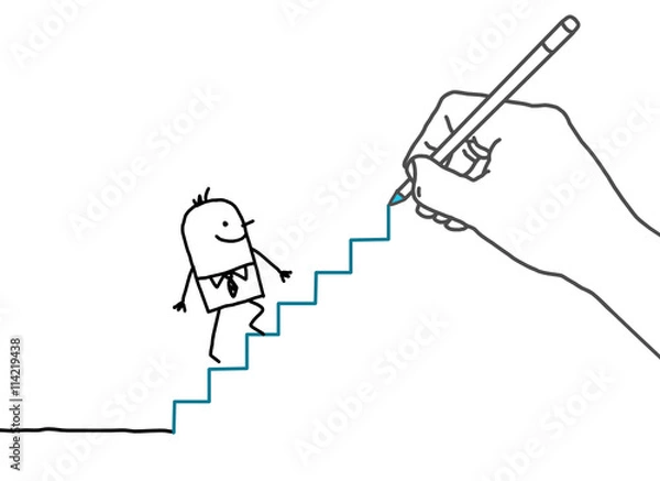 Obraz Drawing big hand and cartoon businessman - going up