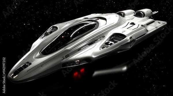 Fototapeta Sleek silver spaceship in space.